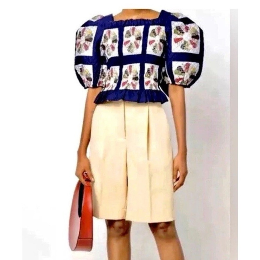 NEW SEA New York Navy & White‎ Pippin Patchwork Quilted Puff Sleeve Top- Size 2